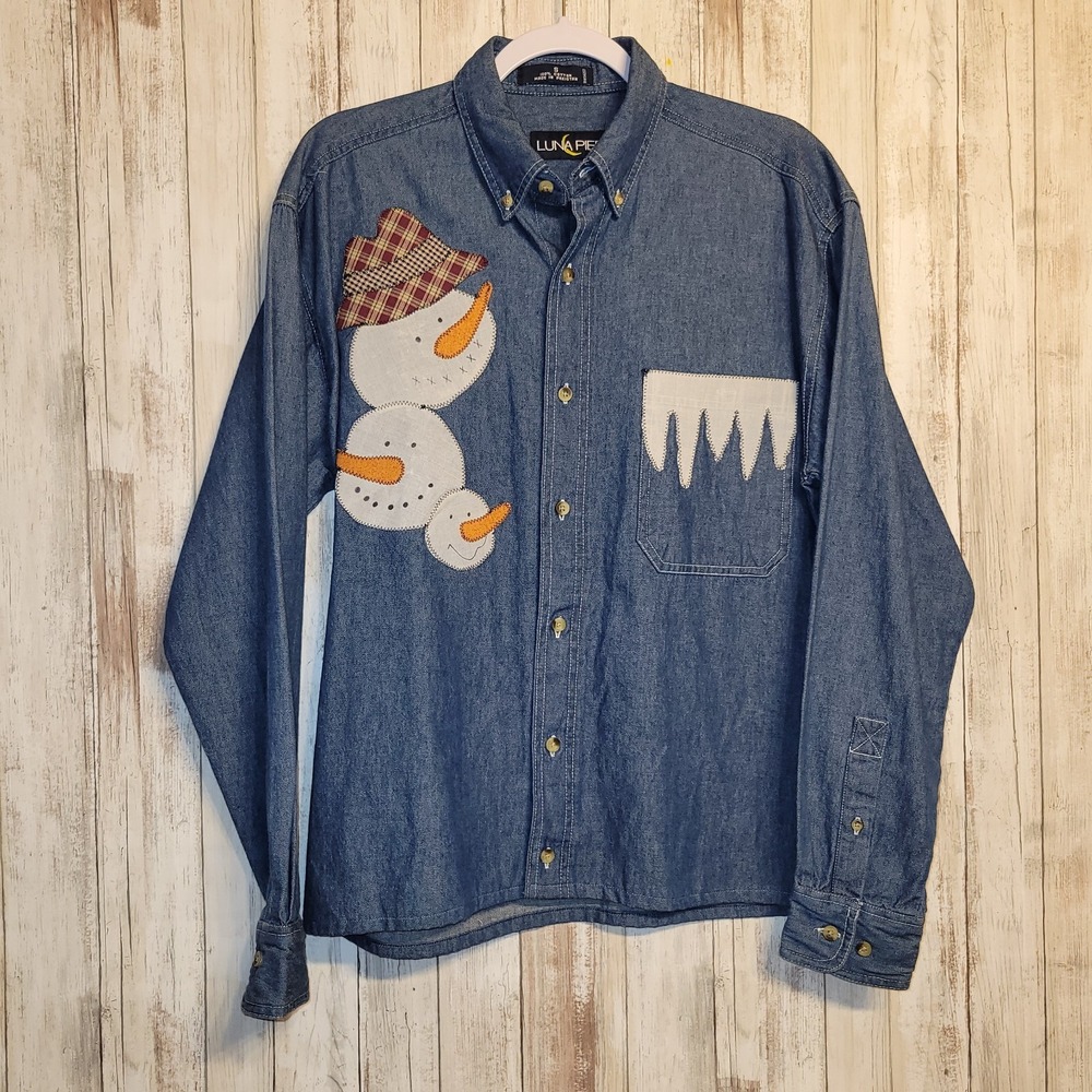 Luna Pier Women's Denim 100% Cotton Blouse With Applicay "SNOWMAN" Size‎ S